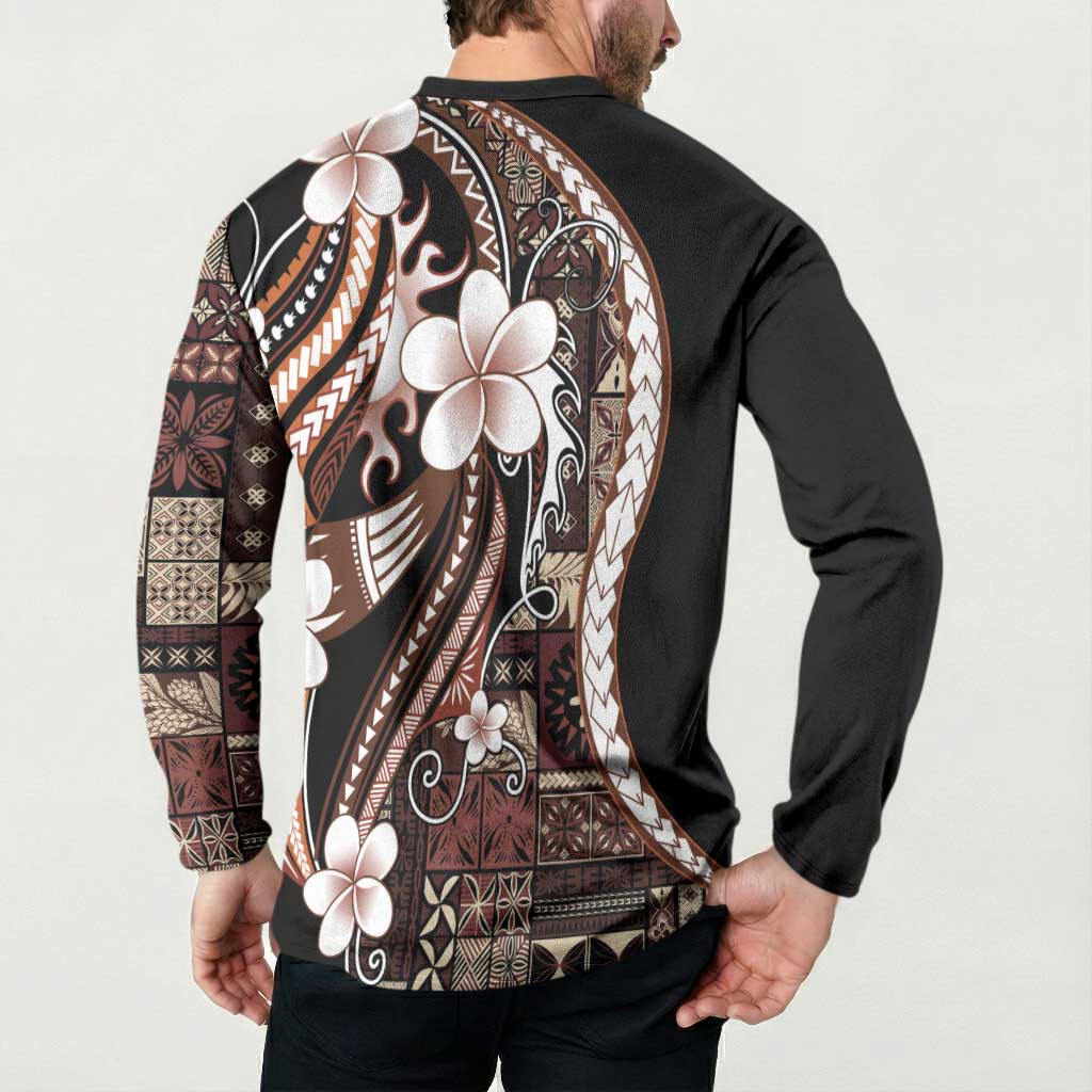 Samoa Siapo Tribal Pattern Button Sweatshirt Brown Polynesian Plumeria Tapa Motif