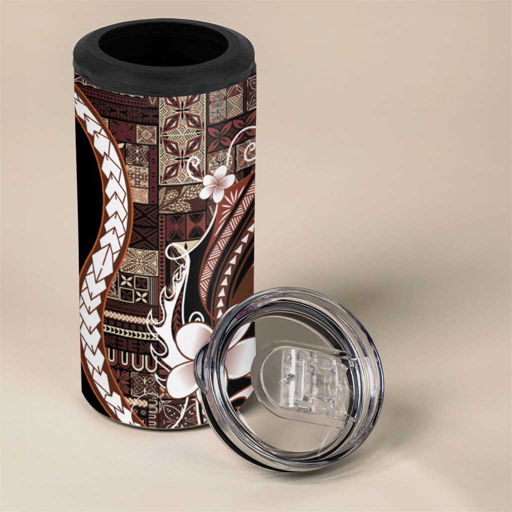 Samoa Siapo Tribal Pattern 4 in 1 Can Cooler Tumbler Brown Polynesian Plumeria Tapa Motif