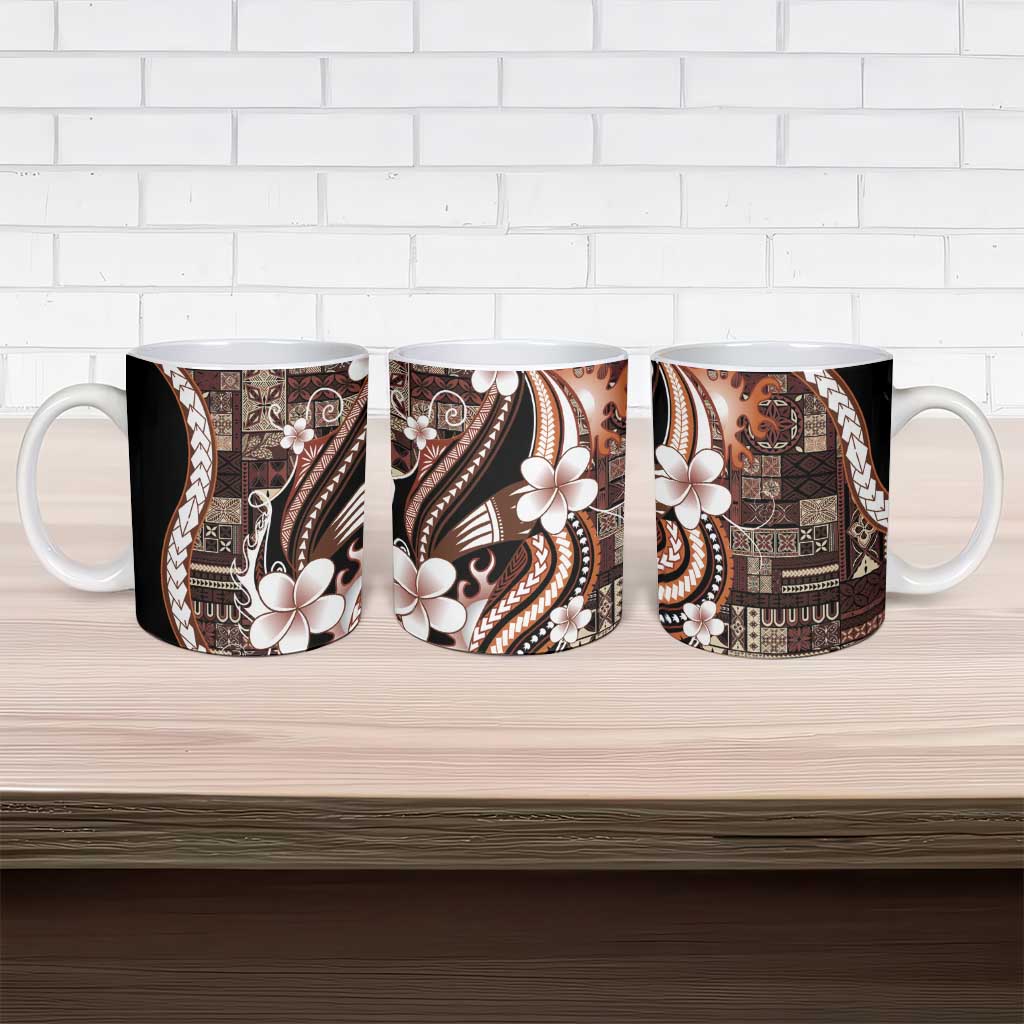 Samoa Siapo Tribal Pattern Ceramic Mug Brown Polynesian Plumeria Tapa Motif