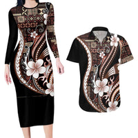 Samoa Siapo Tribal Pattern Couples Matching Long Sleeve Bodycon Dress and Hawaiian Shirt Brown Polynesian Plumeria Tapa Motif LT9 Brown - Polynesian Pride