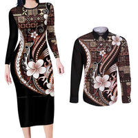 Samoa Siapo Tribal Pattern Couples Matching Long Sleeve Bodycon Dress and Long Sleeve Button Shirt Brown Polynesian Plumeria Tapa Motif