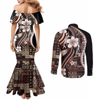 Samoa Siapo Tribal Pattern Couples Matching Mermaid Dress and Long Sleeve Button Shirt Brown Polynesian Plumeria Tapa Motif