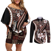 Samoa Siapo Tribal Pattern Couples Matching Off Shoulder Short Dress and Long Sleeve Button Shirt Brown Polynesian Plumeria Tapa Motif