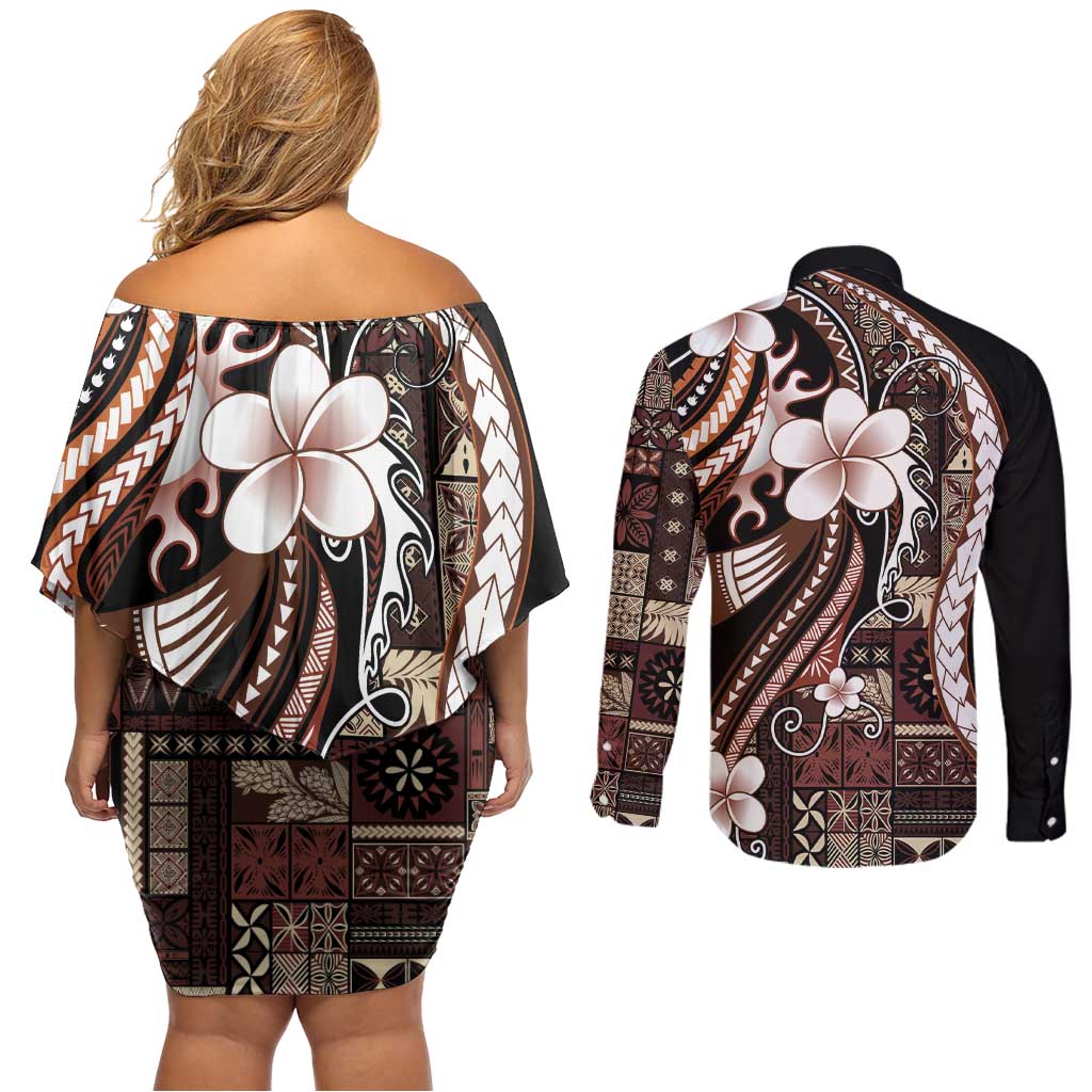 Samoa Siapo Tribal Pattern Couples Matching Off Shoulder Short Dress and Long Sleeve Button Shirt Brown Polynesian Plumeria Tapa Motif