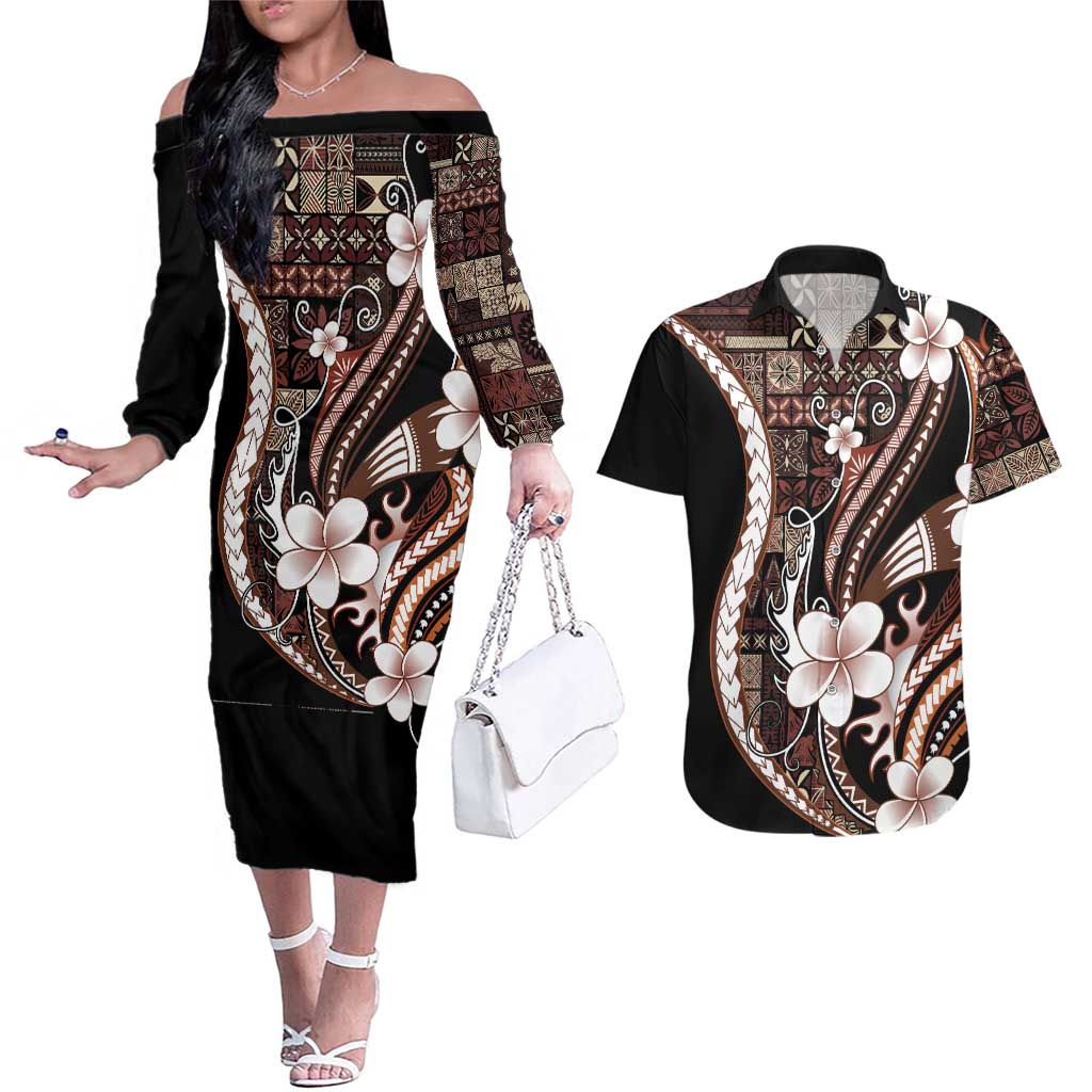 Samoa Siapo Tribal Pattern Couples Matching Off The Shoulder Long Sleeve Dress and Hawaiian Shirt Brown Polynesian Plumeria Tapa Motif LT9 Brown - Polynesian Pride