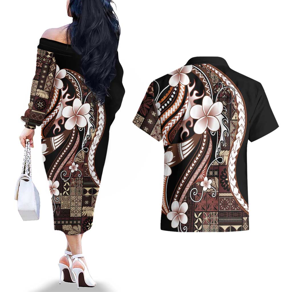 Samoa Siapo Tribal Pattern Couples Matching Off The Shoulder Long Sleeve Dress and Hawaiian Shirt Brown Polynesian Plumeria Tapa Motif LT9 - Polynesian Pride