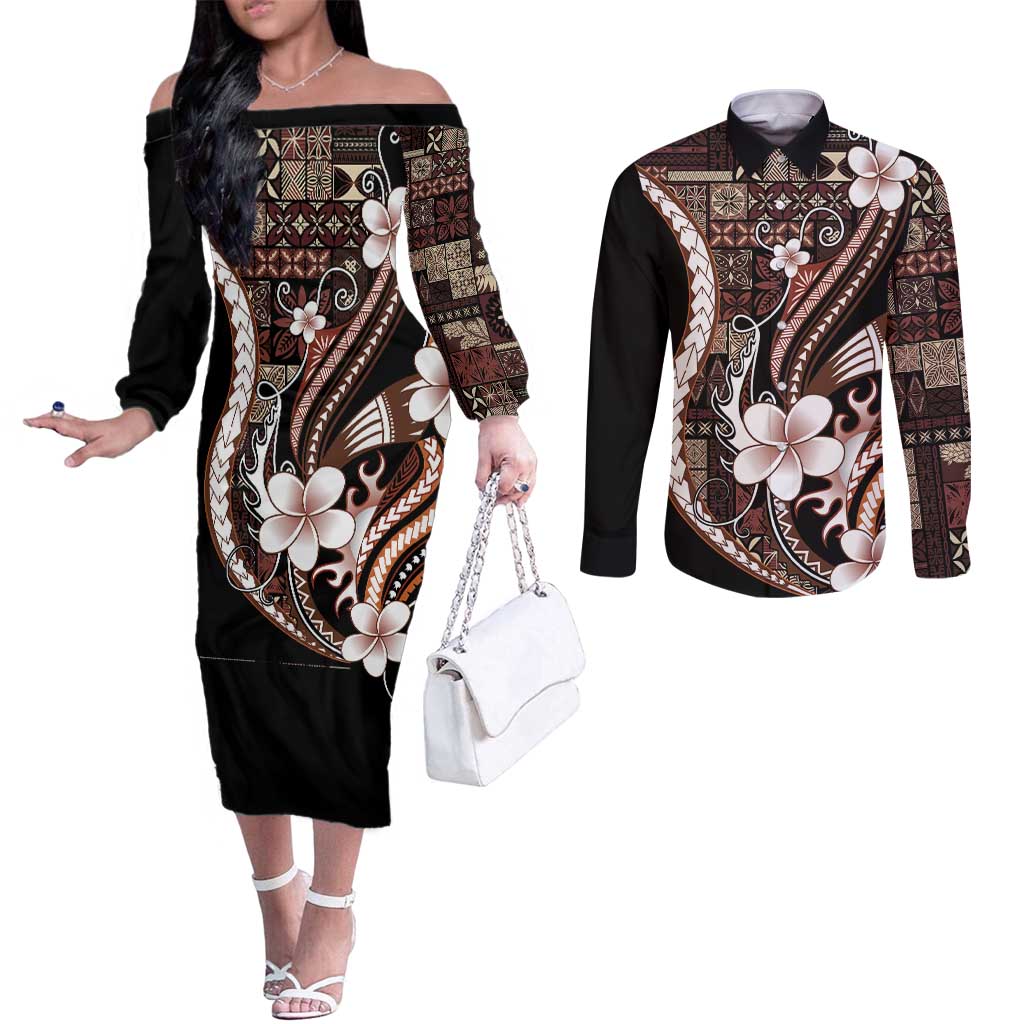 Samoa Siapo Tribal Pattern Couples Matching Off The Shoulder Long Sleeve Dress and Long Sleeve Button Shirt Brown Polynesian Plumeria Tapa Motif LT9 Brown - Polynesian Pride