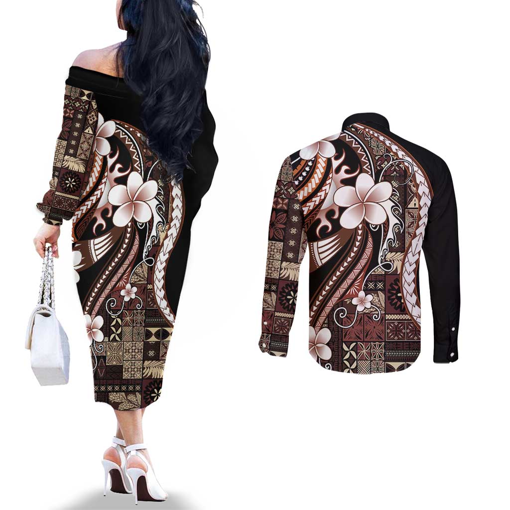 Samoa Siapo Tribal Pattern Couples Matching Off The Shoulder Long Sleeve Dress and Long Sleeve Button Shirt Brown Polynesian Plumeria Tapa Motif LT9 - Polynesian Pride