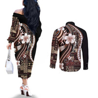 Samoa Siapo Tribal Pattern Couples Matching Off The Shoulder Long Sleeve Dress and Long Sleeve Button Shirt Brown Polynesian Plumeria Tapa Motif LT9 - Polynesian Pride