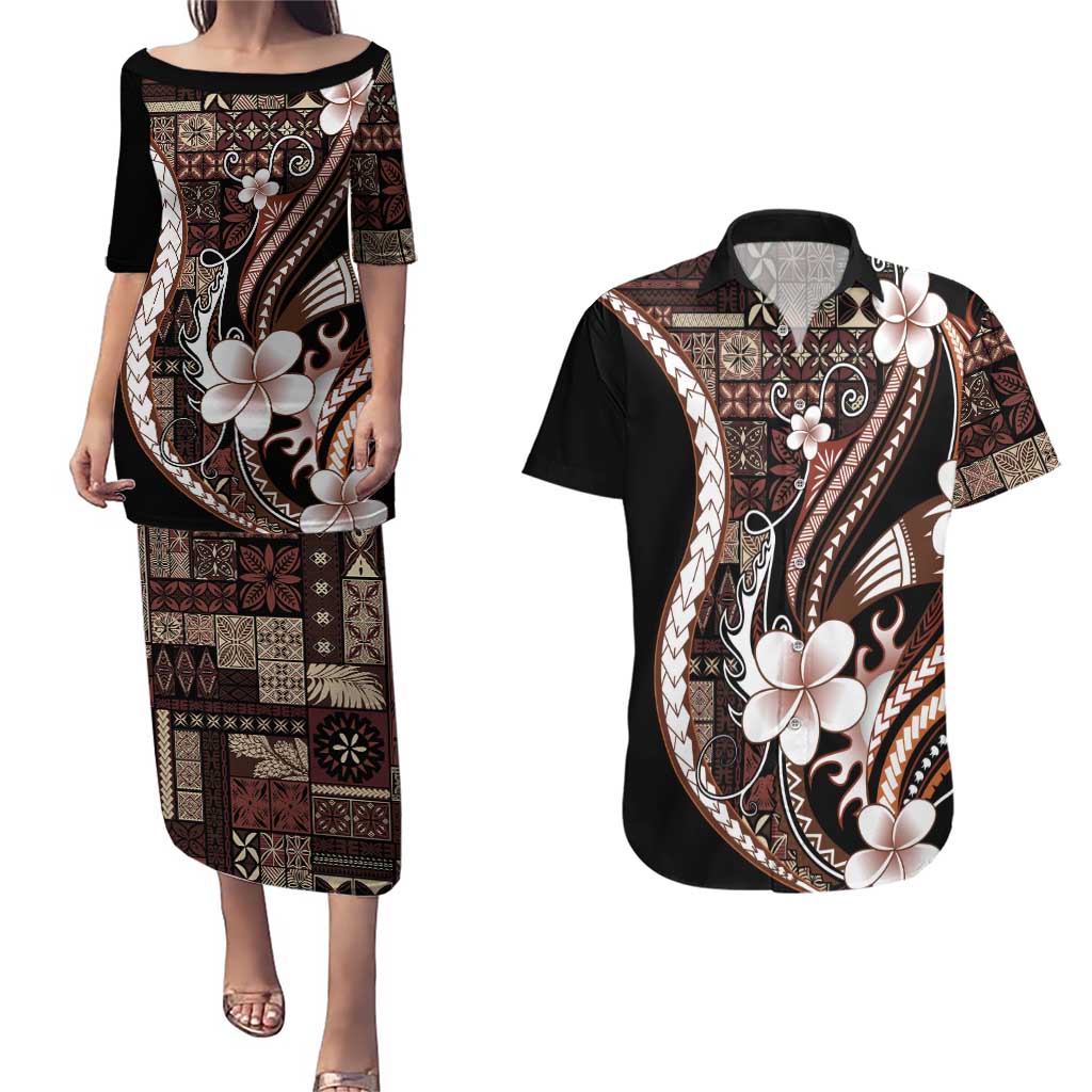 Samoa Siapo Tribal Pattern Couples Matching Puletasi and Hawaiian Shirt Brown Polynesian Plumeria Tapa Motif
