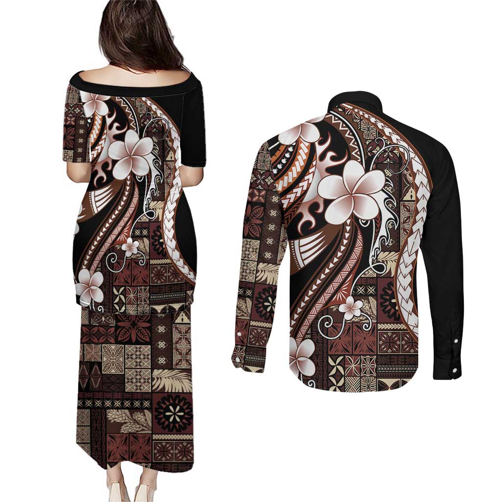 Samoa Siapo Tribal Pattern Couples Matching Puletasi and Long Sleeve Button Shirt Brown Polynesian Plumeria Tapa Motif