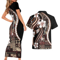 Samoa Siapo Tribal Pattern Couples Matching Short Sleeve Bodycon Dress and Hawaiian Shirt Brown Polynesian Plumeria Tapa Motif LT9 - Polynesian Pride