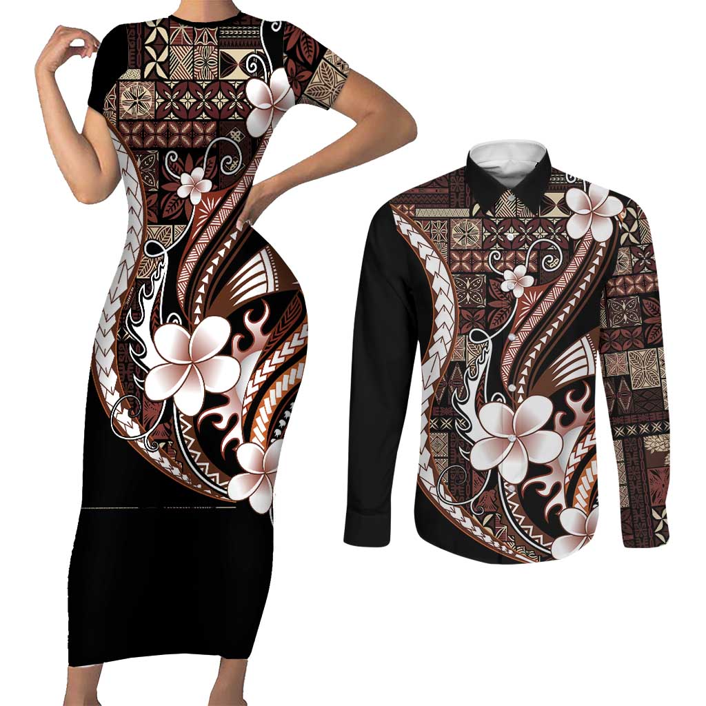 Samoa Siapo Tribal Pattern Couples Matching Short Sleeve Bodycon Dress and Long Sleeve Button Shirt Brown Polynesian Plumeria Tapa Motif