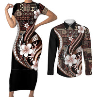 Samoa Siapo Tribal Pattern Couples Matching Short Sleeve Bodycon Dress and Long Sleeve Button Shirt Brown Polynesian Plumeria Tapa Motif