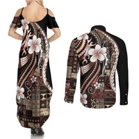 Samoa Siapo Tribal Pattern Couples Matching Summer Maxi Dress and Long Sleeve Button Shirt Brown Polynesian Plumeria Tapa Motif