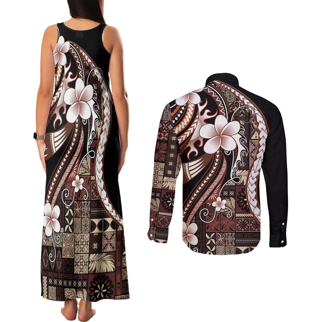 Samoa Siapo Tribal Pattern Couples Matching Tank Maxi Dress and Long Sleeve Button Shirt Brown Polynesian Plumeria Tapa Motif