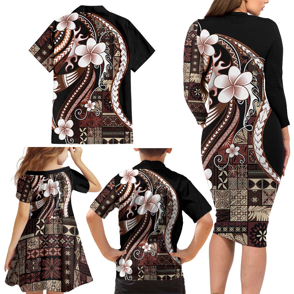 Samoa Siapo Tribal Pattern Family Matching Long Sleeve Bodycon Dress and Hawaiian Shirt Brown Polynesian Plumeria Tapa Motif LT9 - Polynesian Pride