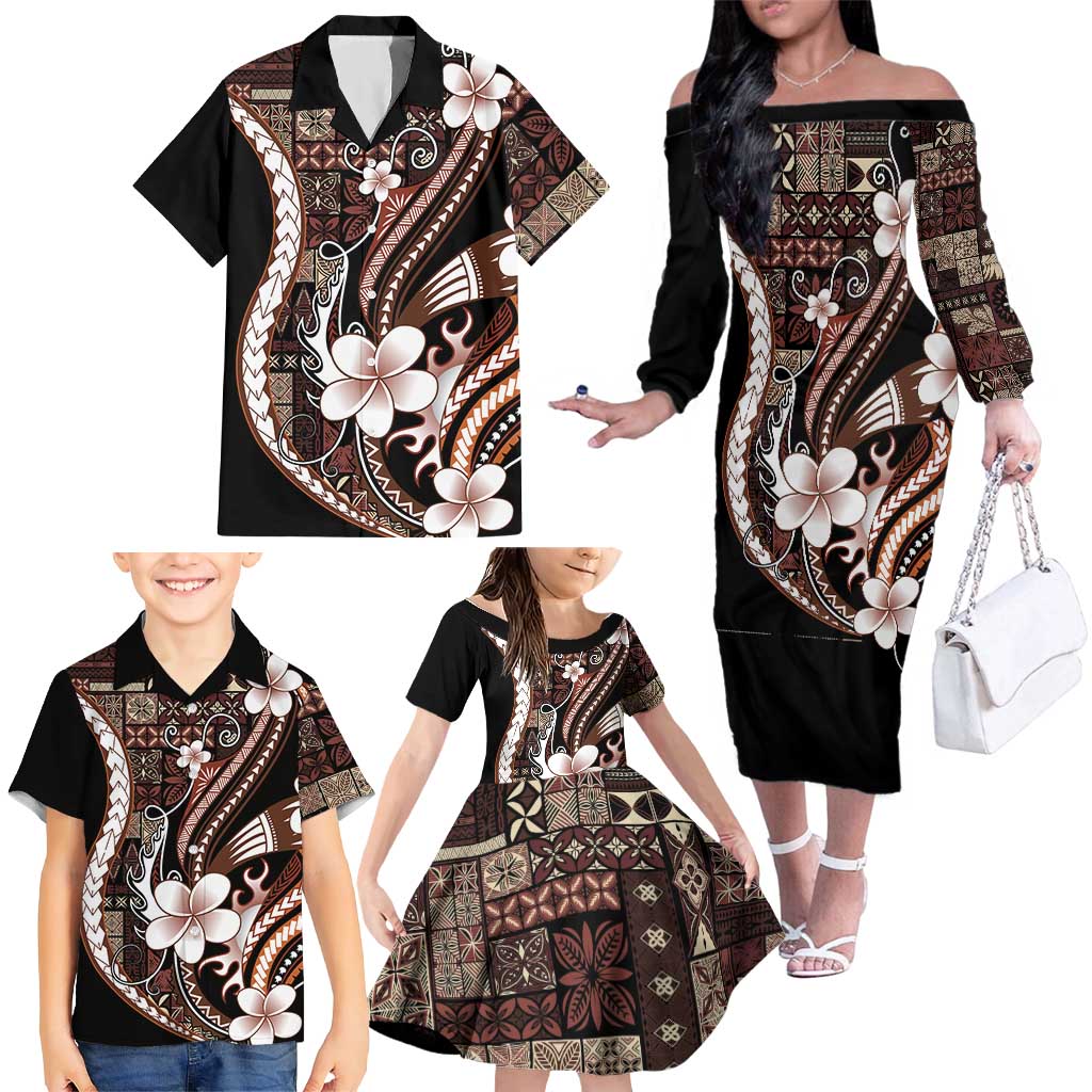 Samoa Siapo Tribal Pattern Family Matching Off The Shoulder Long Sleeve Dress and Hawaiian Shirt Brown Polynesian Plumeria Tapa Motif