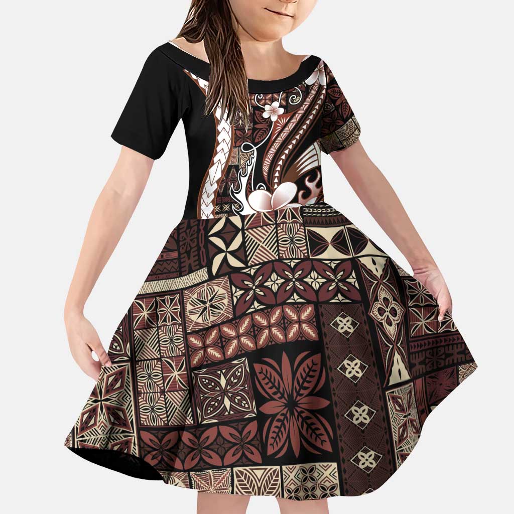 Samoa Siapo Tribal Pattern Family Matching Off Shoulder Maxi Dress and Hawaiian Shirt Brown Polynesian Plumeria Tapa Motif LT9 Daughter's Dress Brown - Polynesian Pride