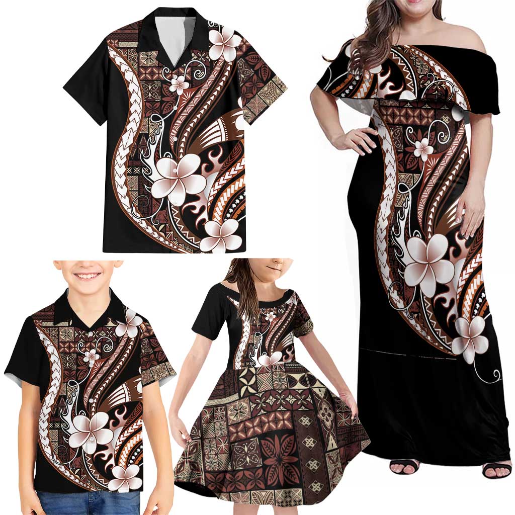Samoa Siapo Tribal Pattern Family Matching Off Shoulder Maxi Dress and Hawaiian Shirt Brown Polynesian Plumeria Tapa Motif