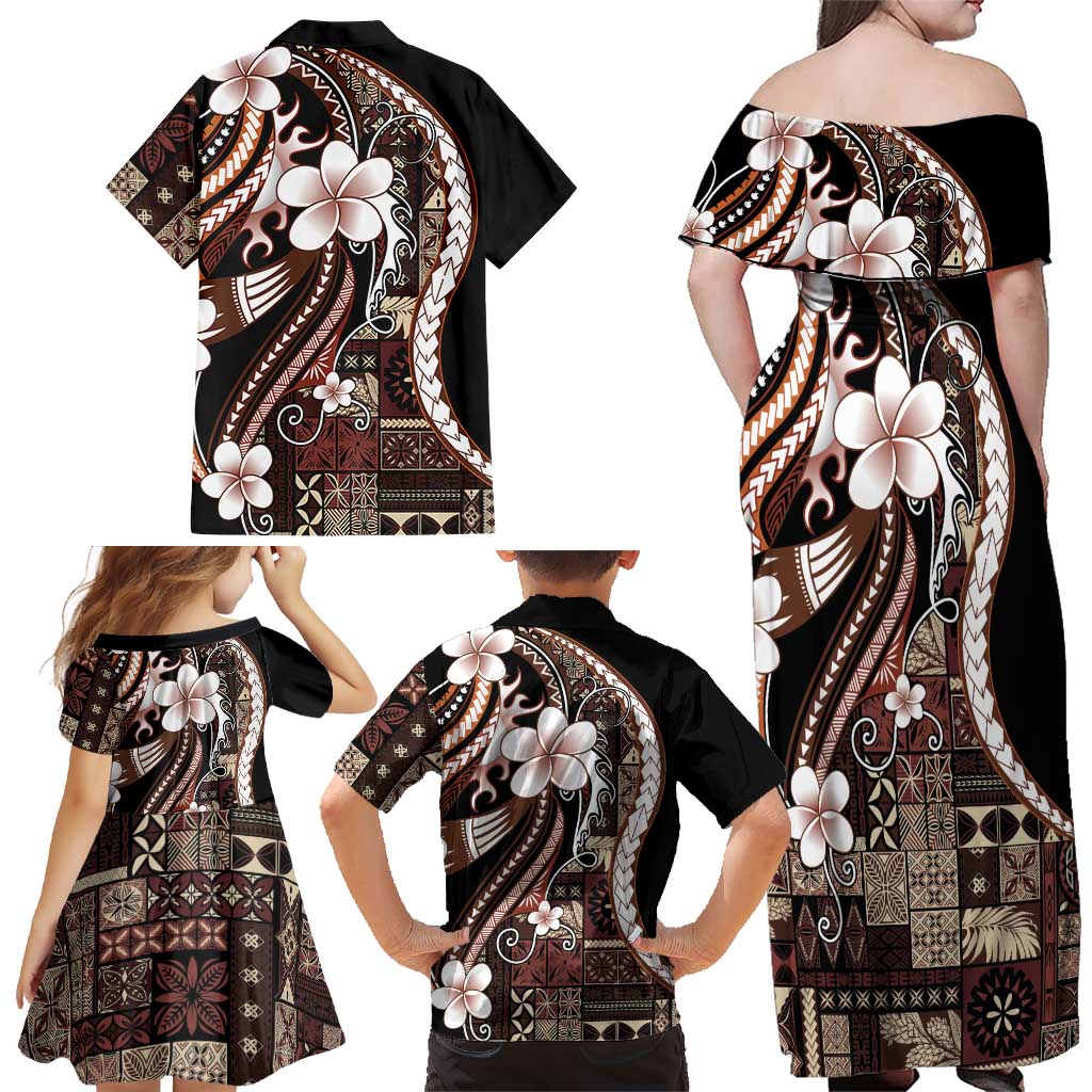 Samoa Siapo Tribal Pattern Family Matching Off Shoulder Maxi Dress and Hawaiian Shirt Brown Polynesian Plumeria Tapa Motif LT9 - Polynesian Pride