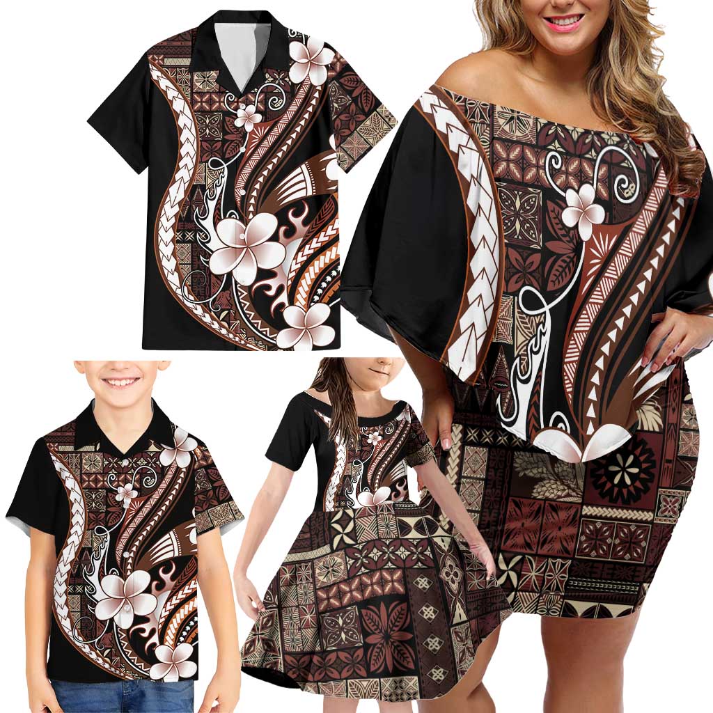 Samoa Siapo Tribal Pattern Family Matching Off Shoulder Short Dress and Hawaiian Shirt Brown Polynesian Plumeria Tapa Motif LT9 - Polynesian Pride