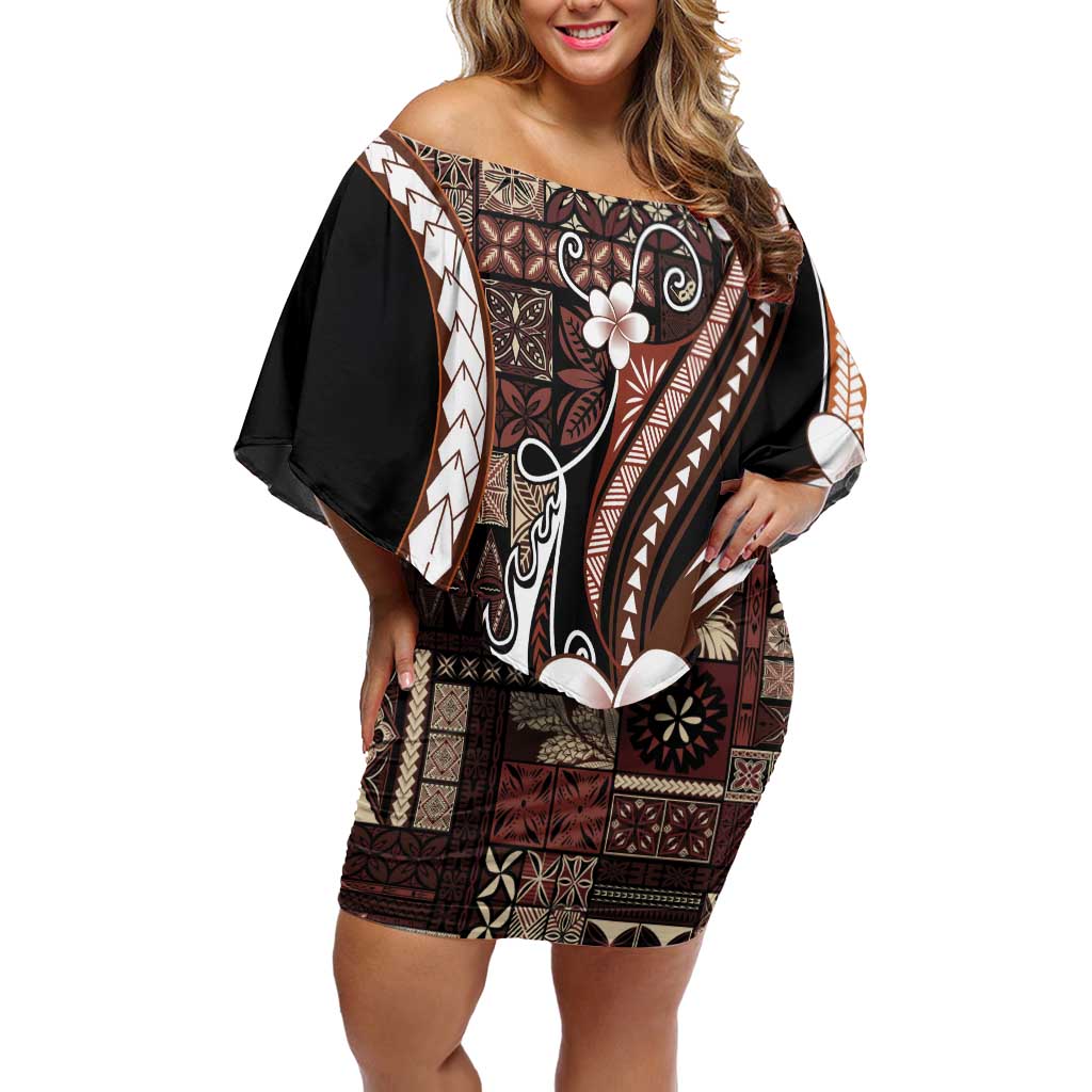 Samoa Siapo Tribal Pattern Family Matching Off Shoulder Short Dress and Hawaiian Shirt Brown Polynesian Plumeria Tapa Motif LT9 Mom's Dress Brown - Polynesian Pride