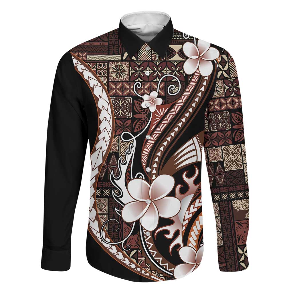 Samoa Siapo Tribal Pattern Family Matching Puletasi and Hawaiian Shirt Brown Polynesian Plumeria Tapa Motif LT9 Dad's Shirt - Long Sleeve Brown - Polynesian Pride