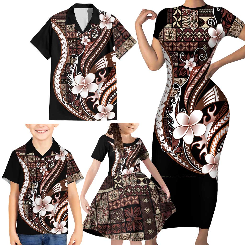 Samoa Siapo Tribal Pattern Family Matching Short Sleeve Bodycon Dress and Hawaiian Shirt Brown Polynesian Plumeria Tapa Motif