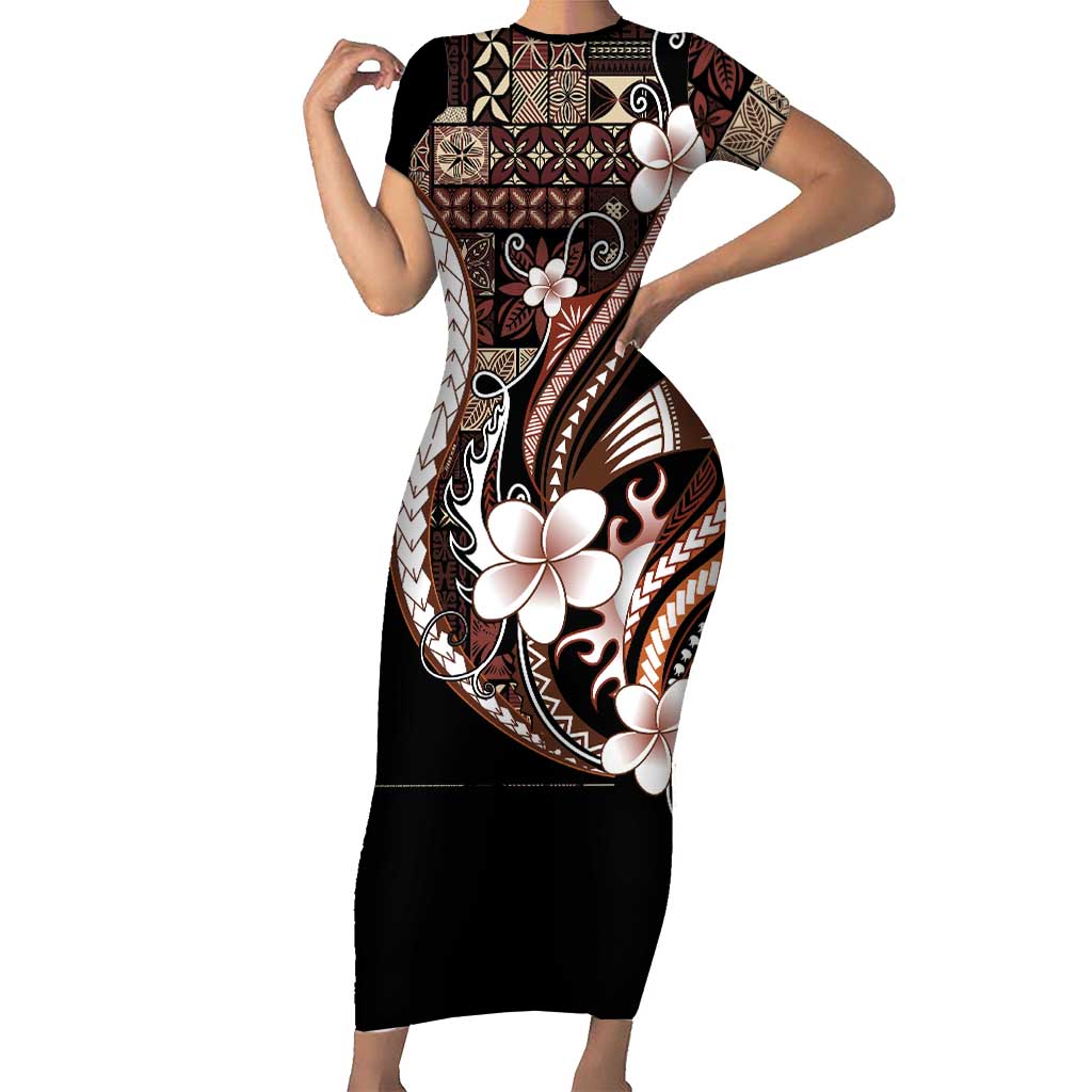 Samoa Siapo Tribal Pattern Family Matching Short Sleeve Bodycon Dress and Hawaiian Shirt Brown Polynesian Plumeria Tapa Motif LT9 Mom's Dress Brown - Polynesian Pride