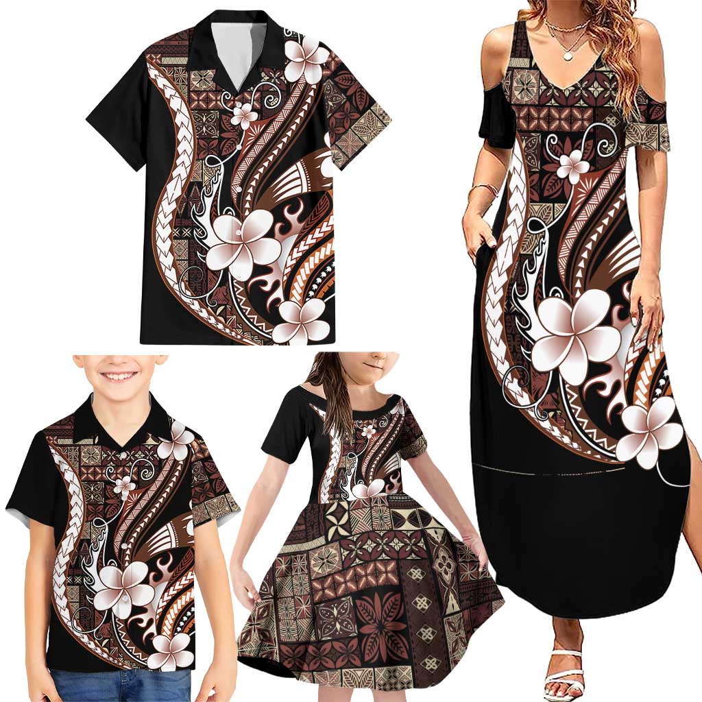 Samoa Siapo Tribal Pattern Family Matching Summer Maxi Dress and Hawaiian Shirt Brown Polynesian Plumeria Tapa Motif LT9 - Polynesian Pride