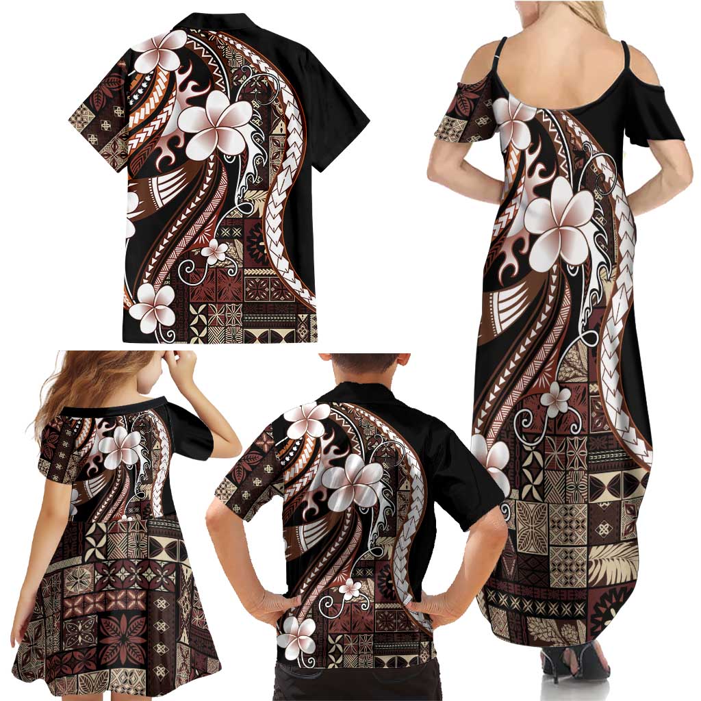 Samoa Siapo Tribal Pattern Family Matching Summer Maxi Dress and Hawaiian Shirt Brown Polynesian Plumeria Tapa Motif LT9 - Polynesian Pride