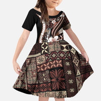 Samoa Siapo Tribal Pattern Family Matching Tank Maxi Dress and Hawaiian Shirt Brown Polynesian Plumeria Tapa Motif LT9 Daughter's Dress Brown - Polynesian Pride