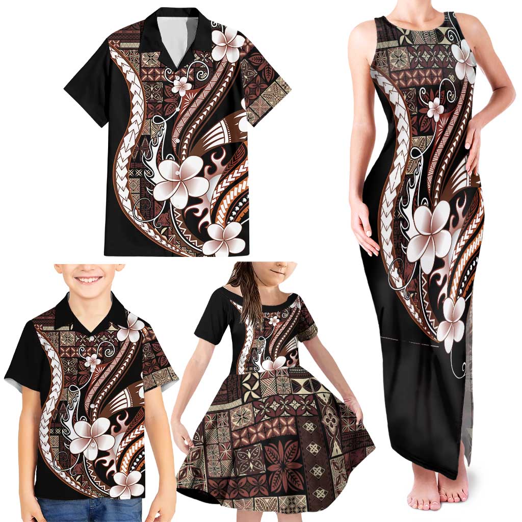 Samoa Siapo Tribal Pattern Family Matching Tank Maxi Dress and Hawaiian Shirt Brown Polynesian Plumeria Tapa Motif LT9 - Polynesian Pride