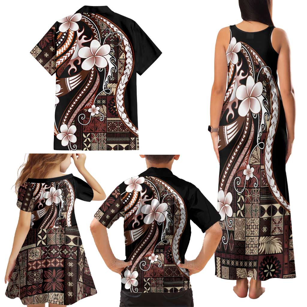 Samoa Siapo Tribal Pattern Family Matching Tank Maxi Dress and Hawaiian Shirt Brown Polynesian Plumeria Tapa Motif LT9 - Polynesian Pride