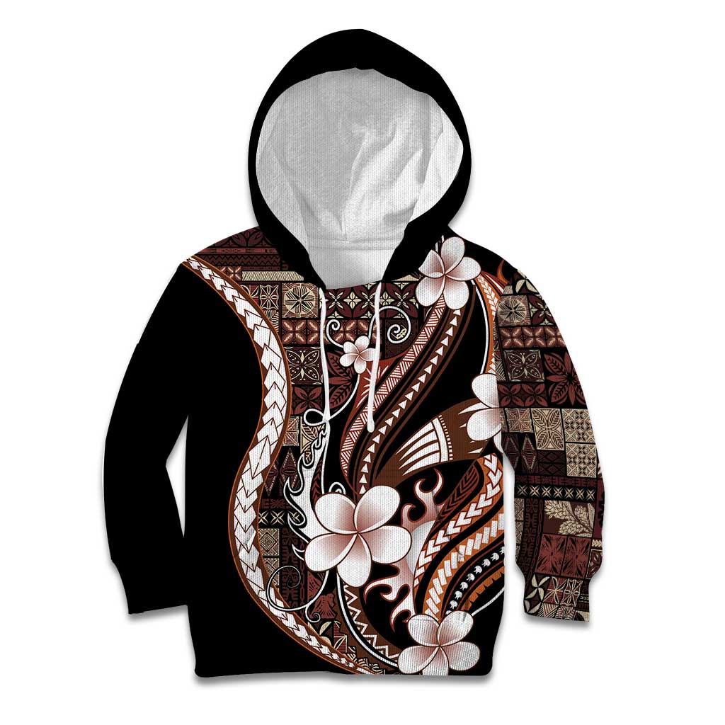 Samoa Siapo Tribal Pattern Kid Hoodie Brown Polynesian Plumeria Tapa Motif