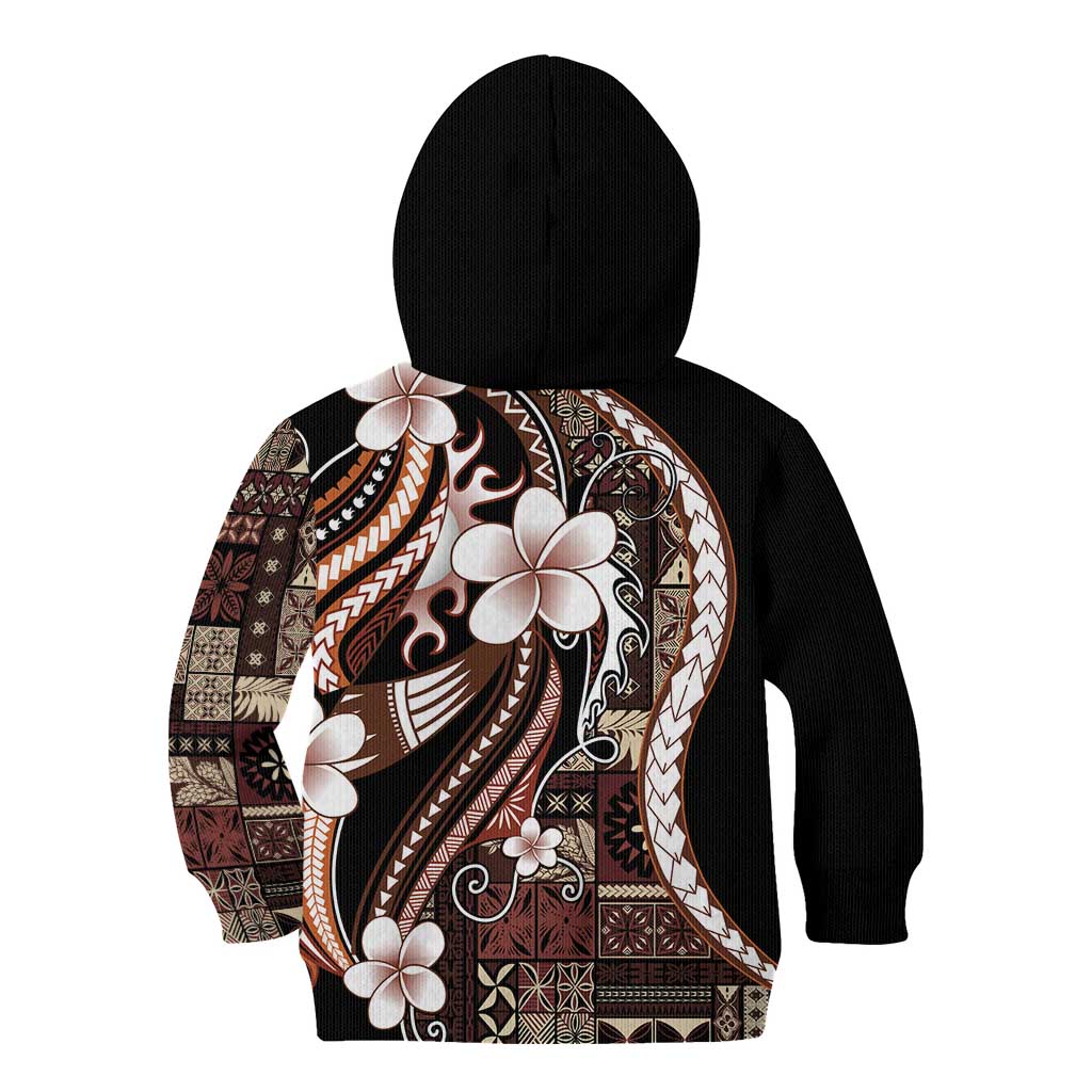 Samoa Siapo Tribal Pattern Kid Hoodie Brown Polynesian Plumeria Tapa Motif