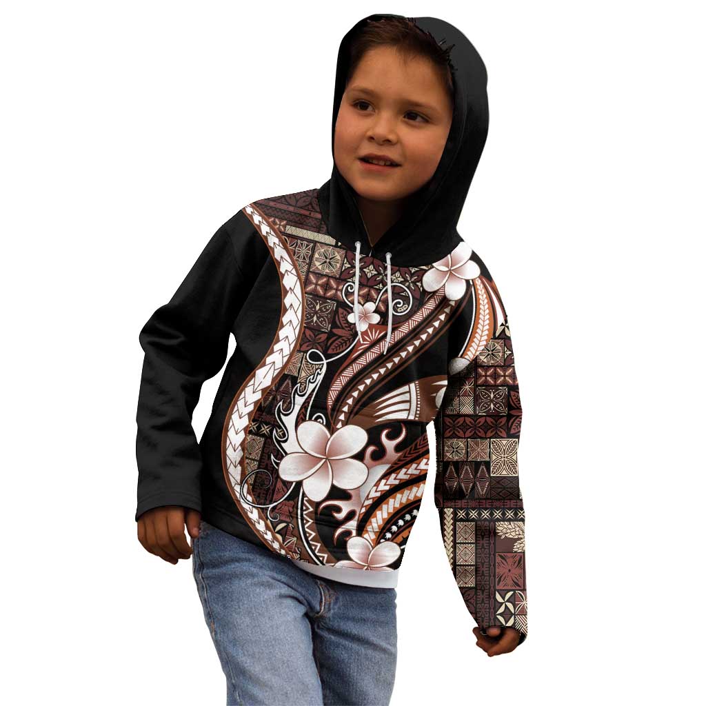 Samoa Siapo Tribal Pattern Kid Hoodie Brown Polynesian Plumeria Tapa Motif