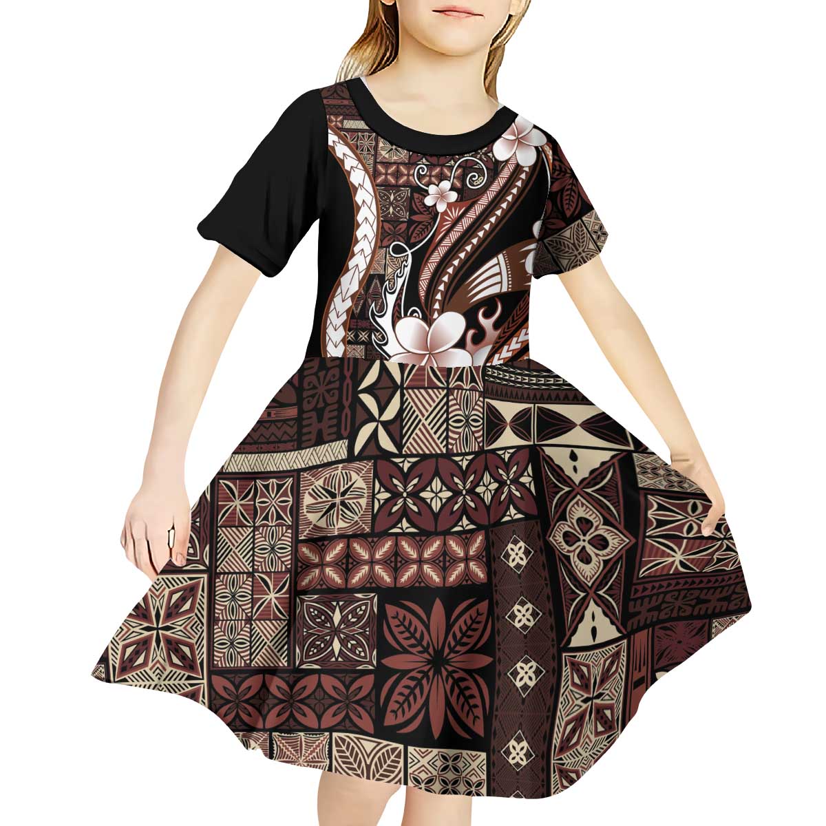 Samoa Siapo Tribal Pattern Kid Short Sleeve Dress Brown Polynesian Plumeria Tapa Motif