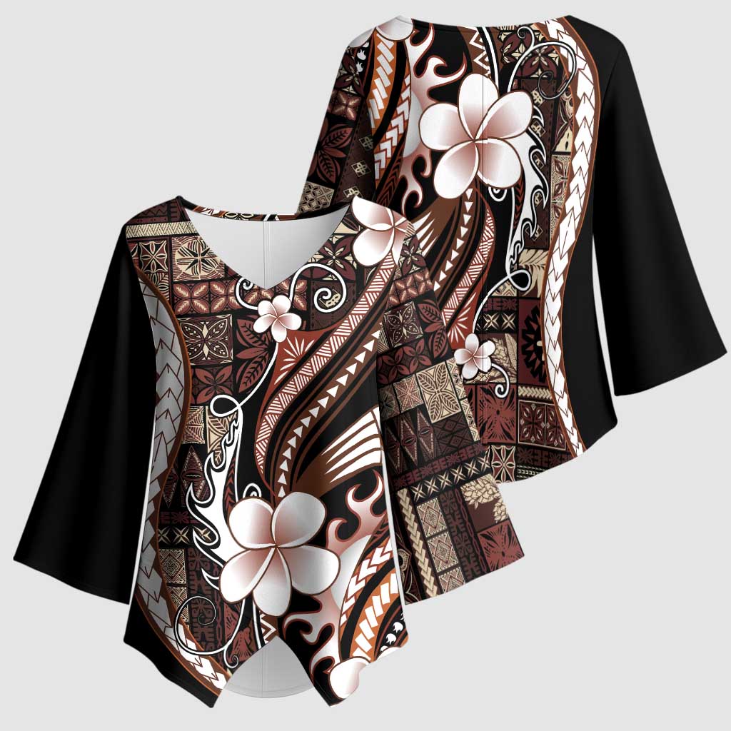Samoa Siapo Tribal Pattern Kimono Sleeve Blouse Brown Polynesian Plumeria Tapa Motif