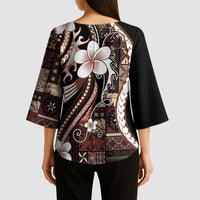 Samoa Siapo Tribal Pattern Kimono Sleeve Blouse Brown Polynesian Plumeria Tapa Motif