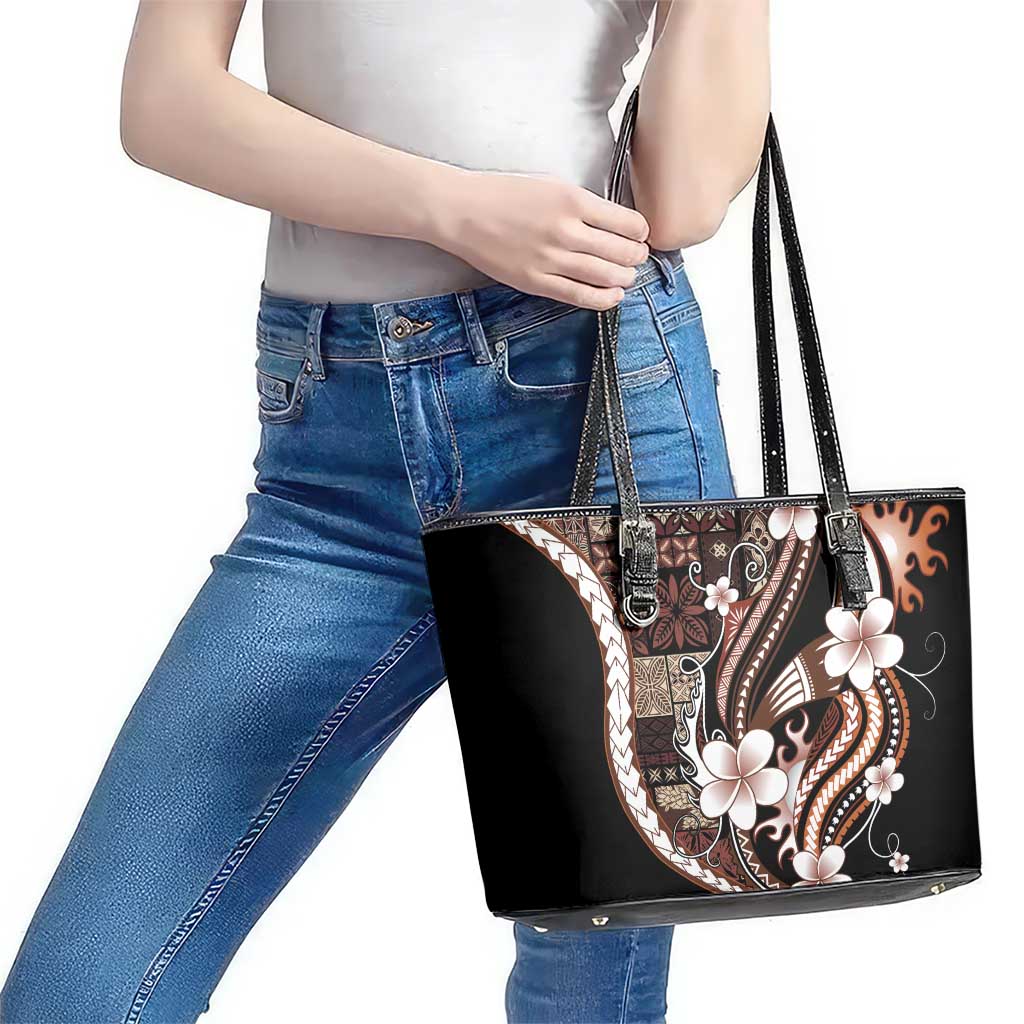 Samoa Siapo Tribal Pattern Leather Tote Bag Brown Polynesian Plumeria Tapa Motif