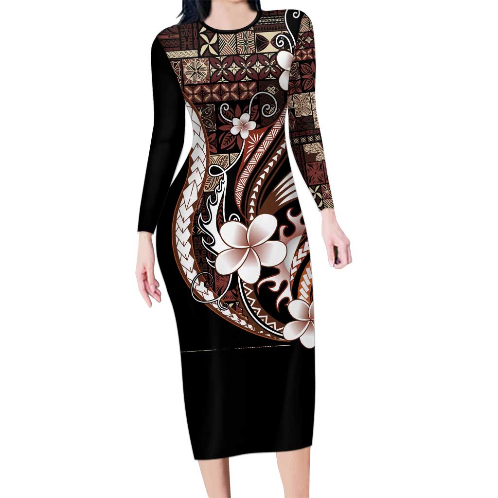 Samoa Siapo Tribal Pattern Long Sleeve Bodycon Dress Brown Polynesian Plumeria Tapa Motif
