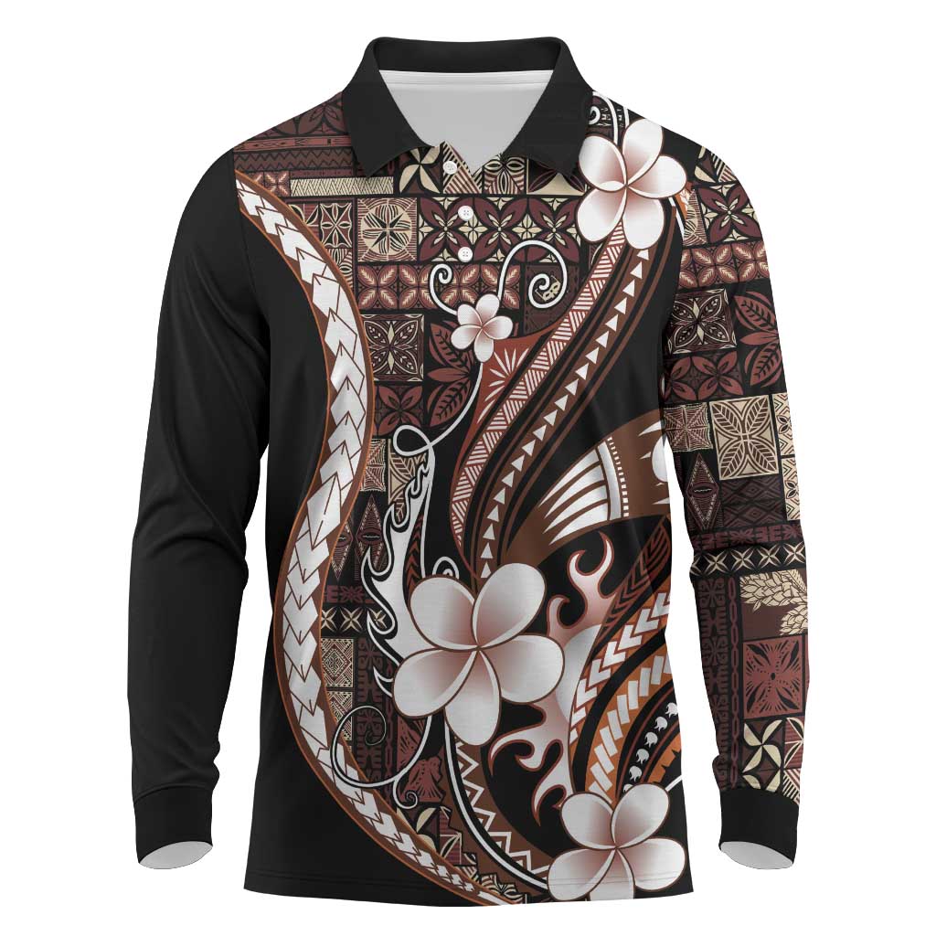 Samoa Siapo Tribal Pattern Long Sleeve Polo Shirt Brown Polynesian Plumeria Tapa Motif