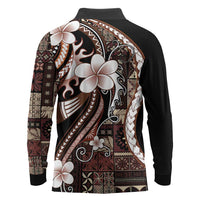 Samoa Siapo Tribal Pattern Long Sleeve Polo Shirt Brown Polynesian Plumeria Tapa Motif