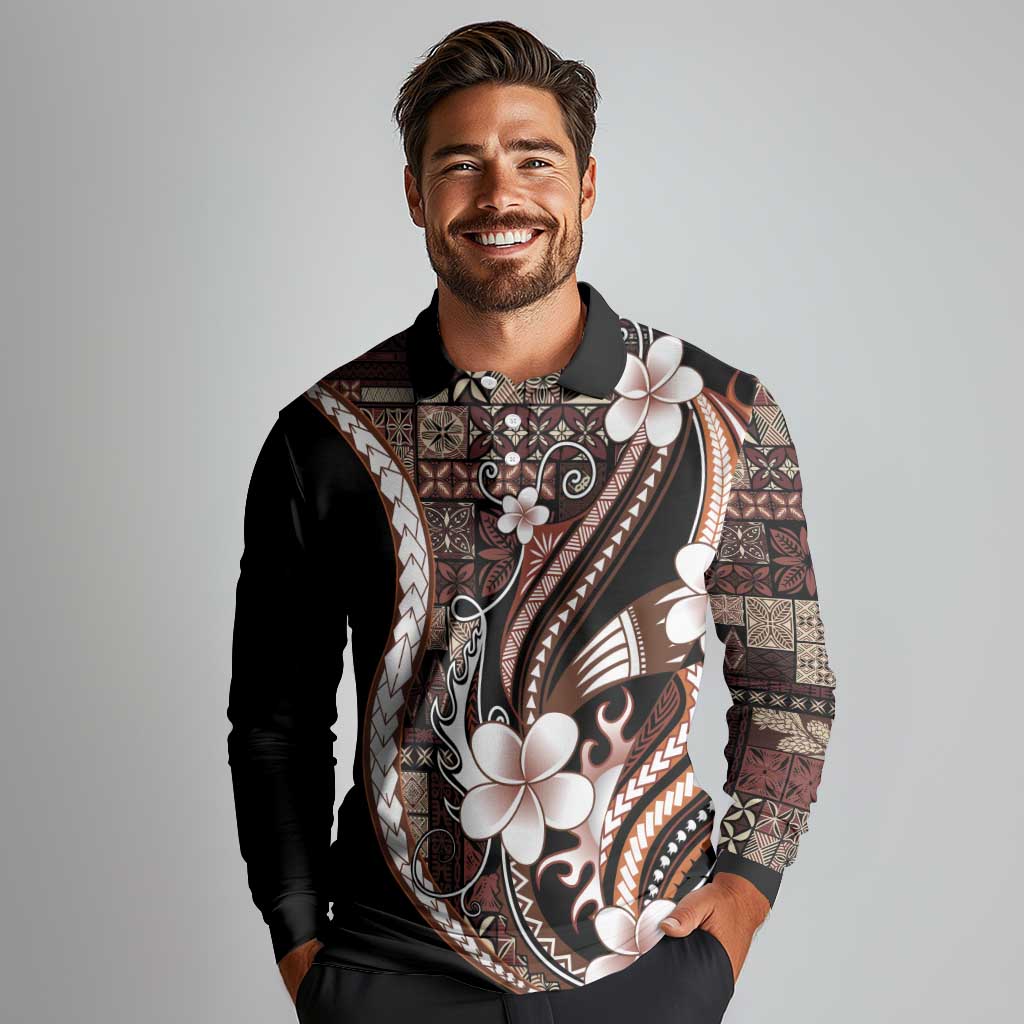 Samoa Siapo Tribal Pattern Long Sleeve Polo Shirt Brown Polynesian Plumeria Tapa Motif