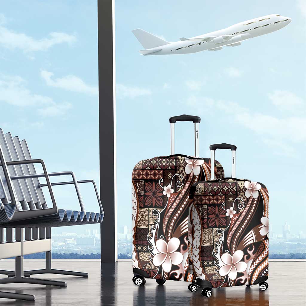 Samoa Siapo Tribal Pattern Luggage Cover Brown Polynesian Plumeria Tapa Motif