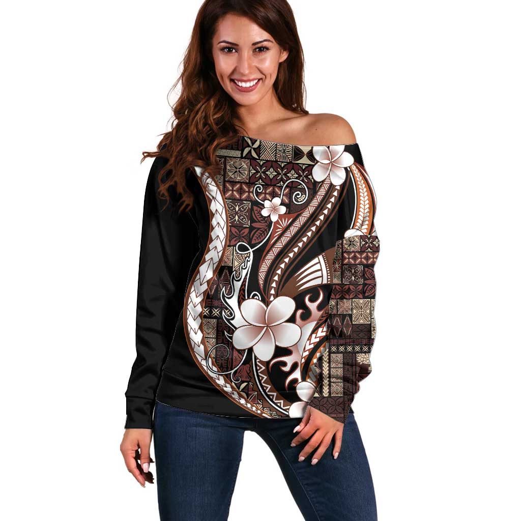Samoa Siapo Tribal Pattern Off Shoulder Sweater Brown Polynesian Plumeria Tapa Motif