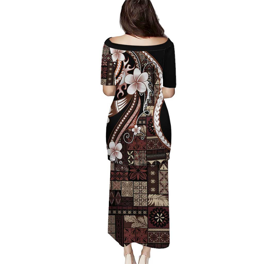 Samoa Siapo Tribal Pattern Puletasi Brown Polynesian Plumeria Tapa Motif