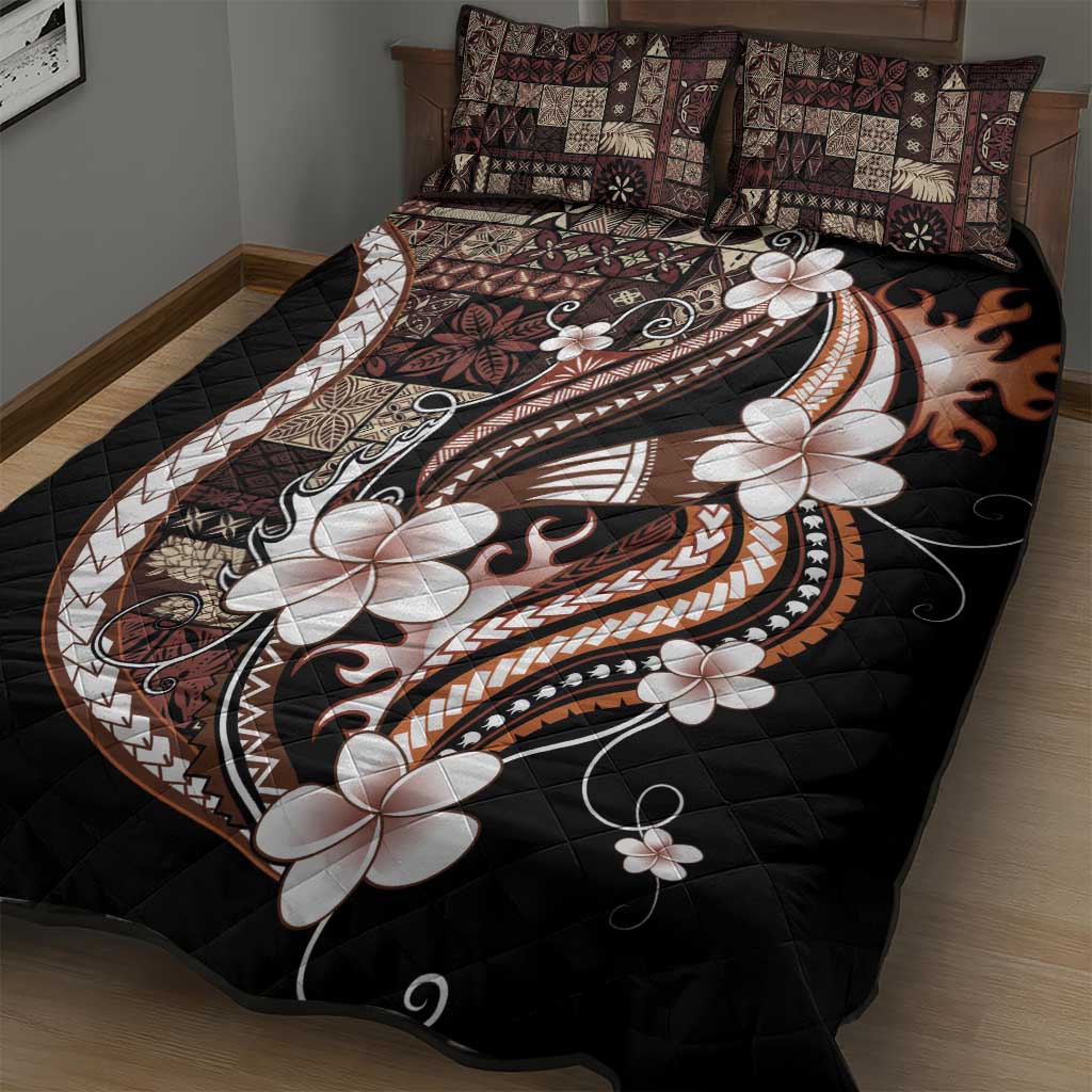 Samoa Siapo Tribal Pattern Quilt Bed Set Brown Polynesian Plumeria Tapa Motif